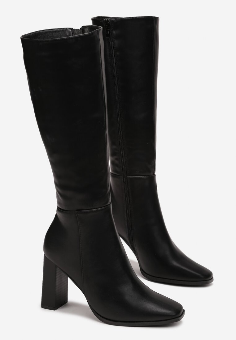 Czarne Kozaki z Kwadratowym Noskiem na Ozdobnym Słupku Colinta