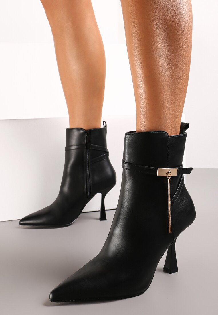 Botine Negre cu Toc Stiletto cu Cataramă Entiela