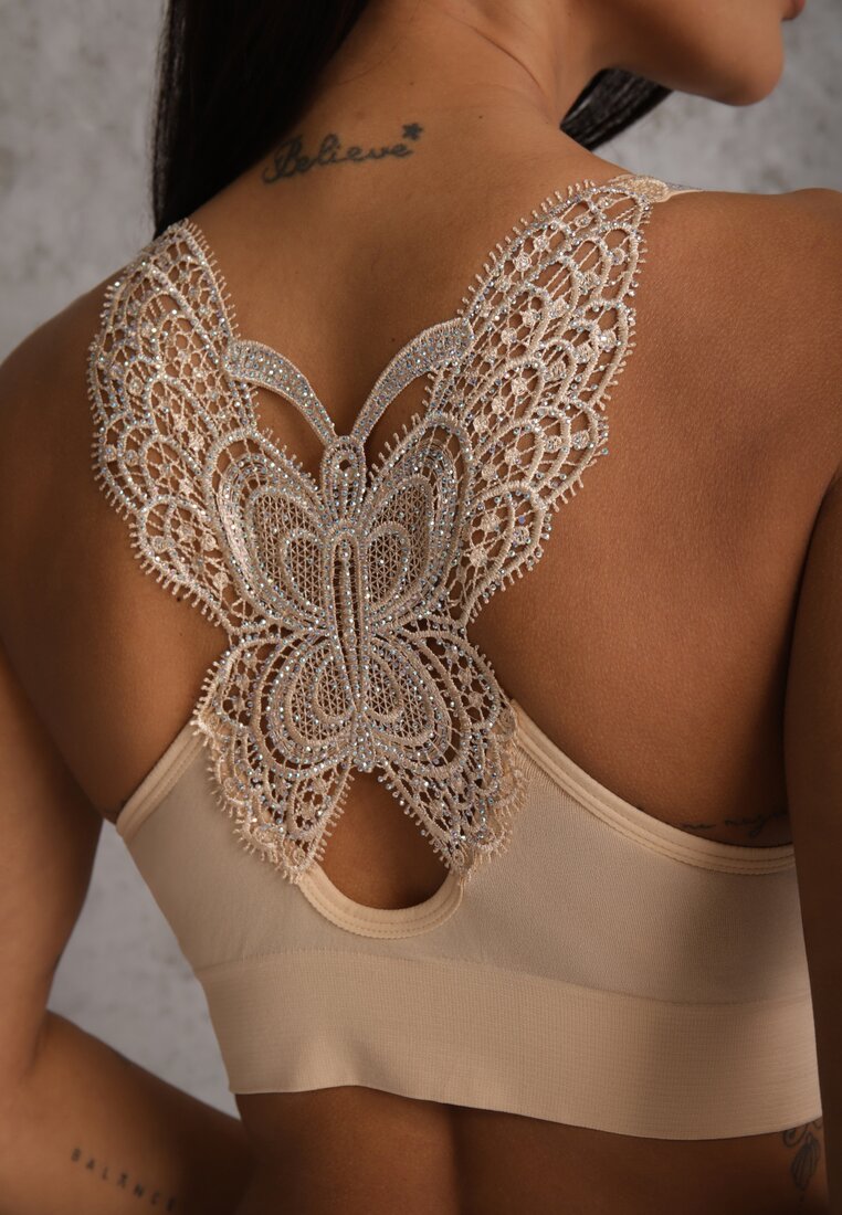 Beżowy Biustonosz na Szerokich Ramiączkach z Koronką w Cyrkonie Caduria