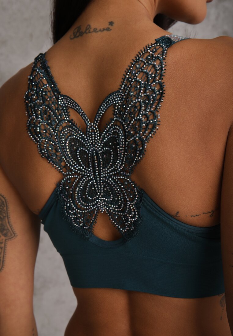 Ciemnozielony Biustonosz na Szerokich Ramiączkach z Koronką w Cyrkonie Caduria