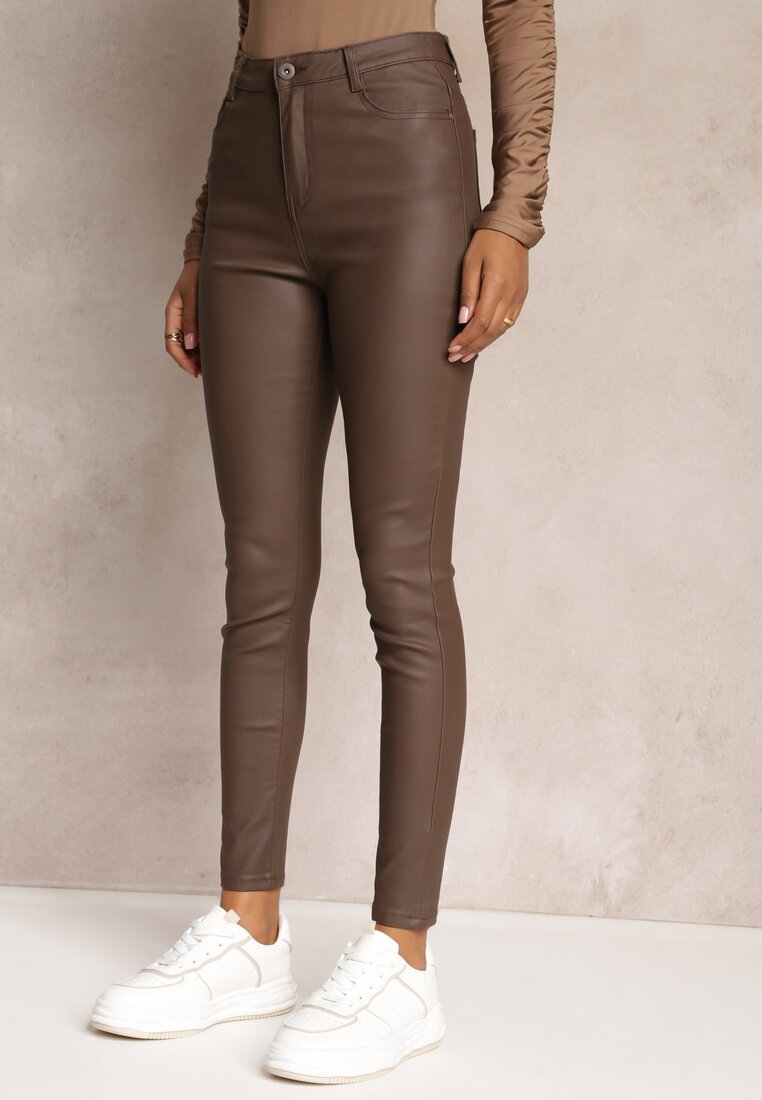 Brązowe Casualowe Spodnie Skinny o Modelującym Fasonie Elovi