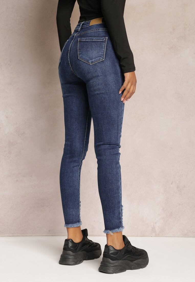 Granatowe Jeansy Skinny High Waist z Przetarciami Bavista