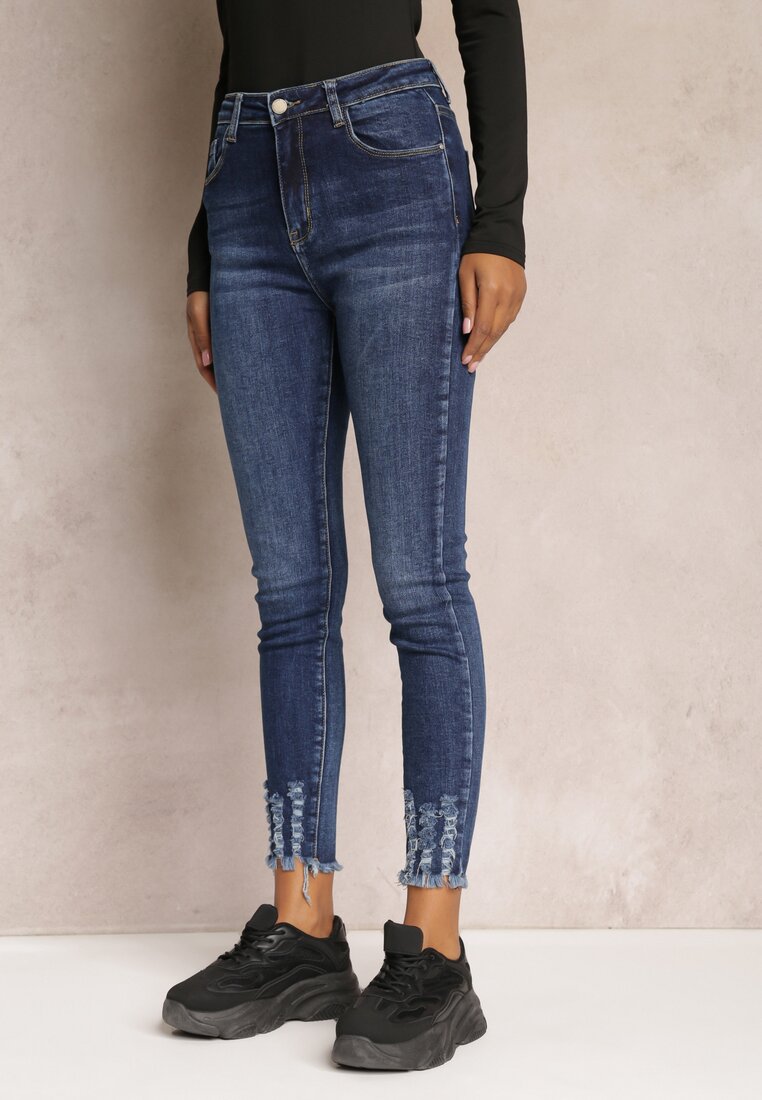 Granatowe Jeansy Skinny High Waist z Przetarciami Bavista