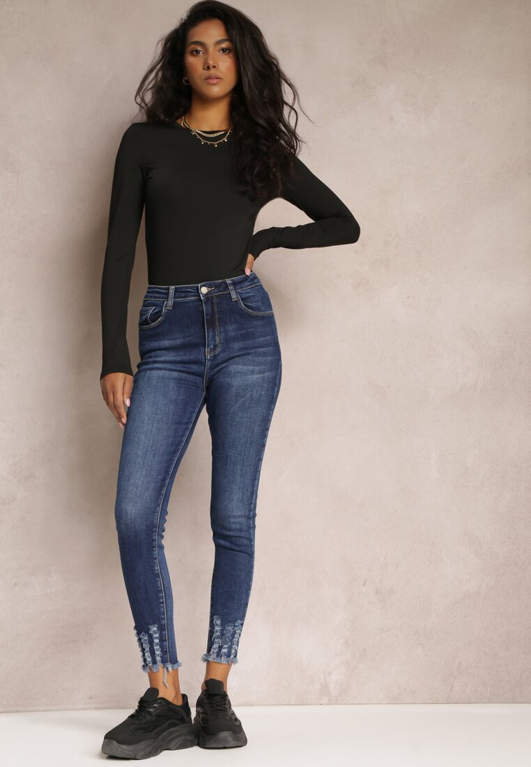 Granatowe Jeansy Skinny High Waist z Przetarciami Bavista
