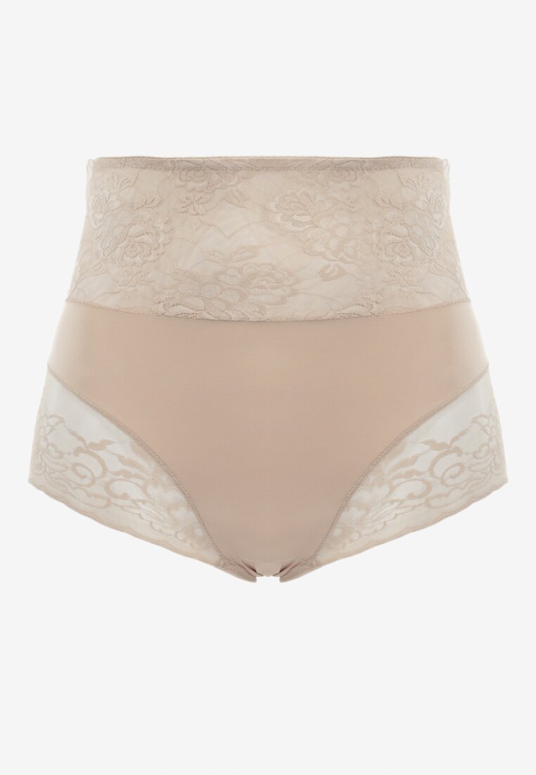 Ciemnobeżowe Modelujące Majtki High Waist Ozdobione Koronką Nelare