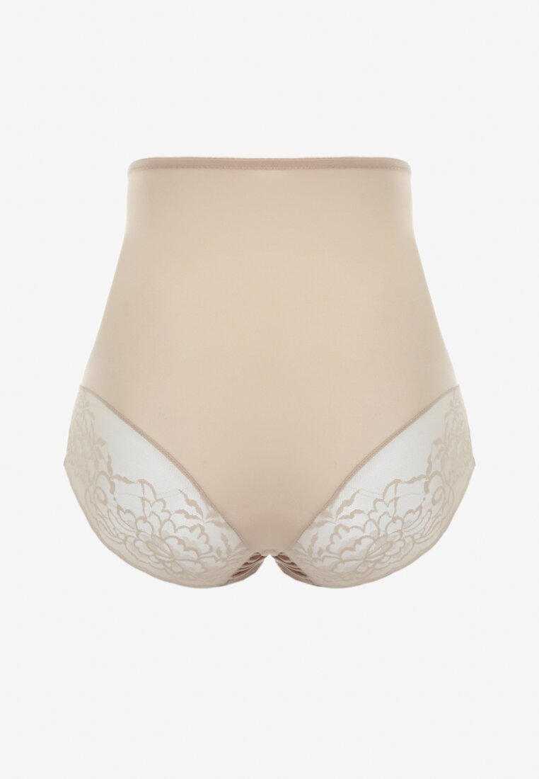 Ciemnobeżowe Modelujące Majtki High Waist Ozdobione Koronką Nelare