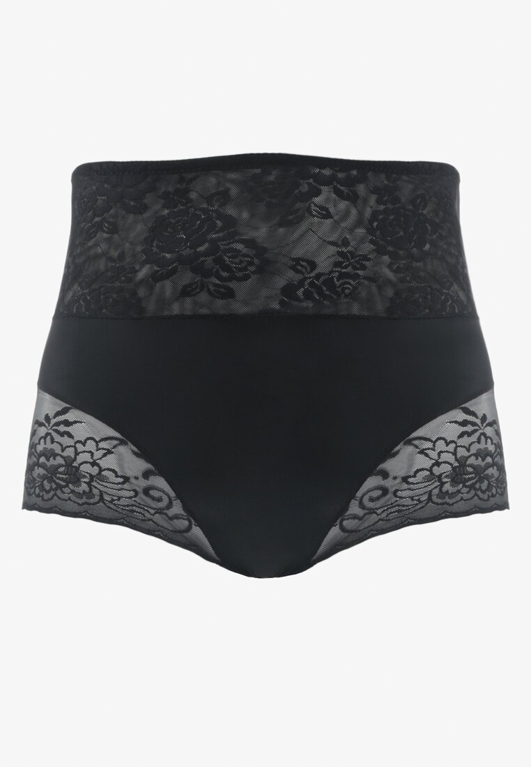 Czarne Modelujące Majtki High Waist Ozdobione Koronką Nelare