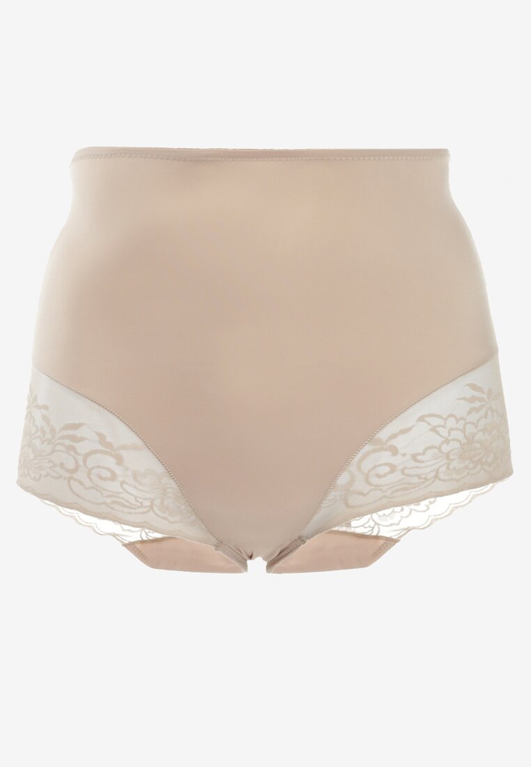 Ciemnobeżowe Modelujące Majtki High Waist z Ozdobną Siateczką Vculen