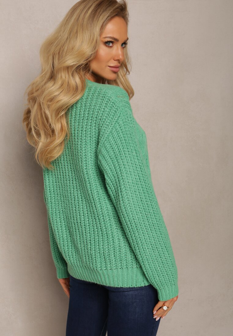 Zielony Sweter z Długim Rękawem i Ozdobnym Splotem Porafio