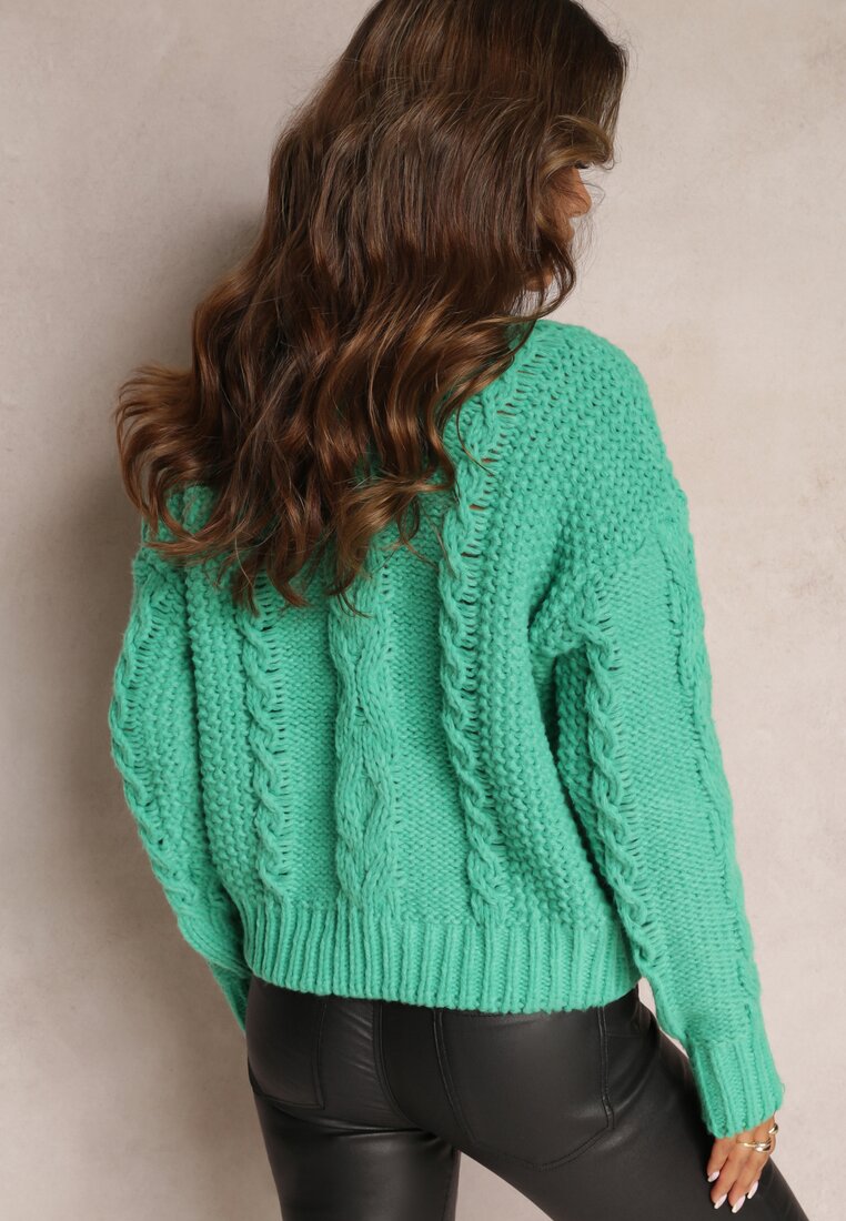 Zielony Grubo Pleciony Sweter z Wełną i Bawełną Bavime