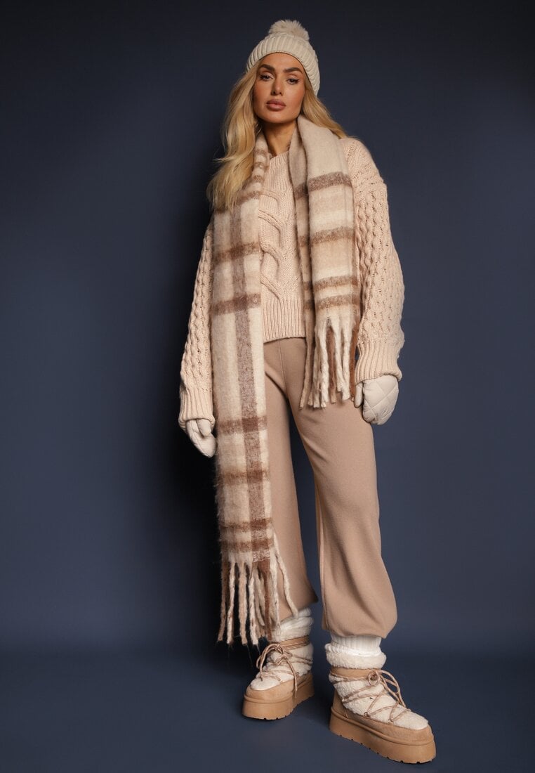 Beżowy Sweter z Wełną i Bawełną w Warkoczykowy Splot Kestina