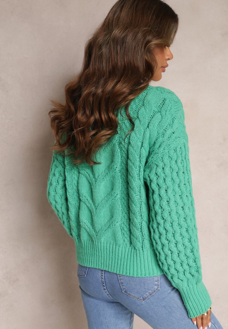 Zielony Wełniany Sweter w Warkoczykowy Splot Kestina