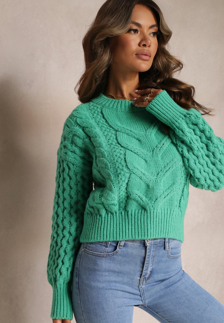 Zielony Wełniany Sweter w Warkoczykowy Splot Kestina