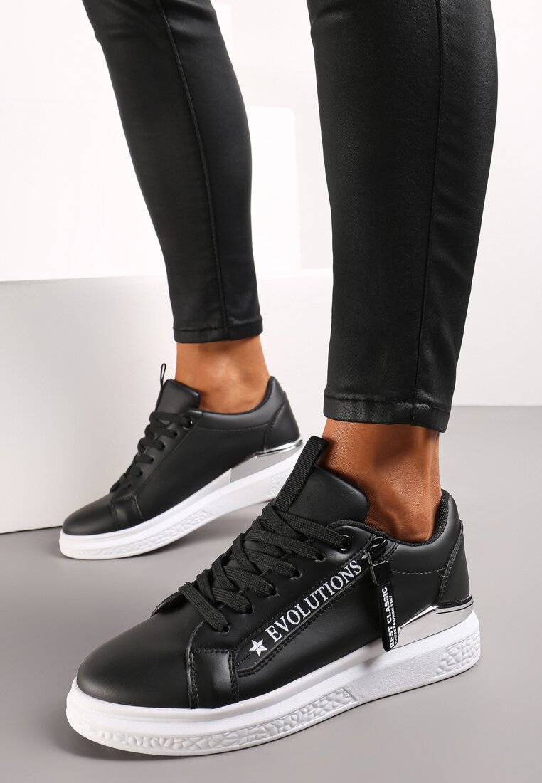 Sneakers Negri Platforma cu Inserție Metalică și Fermoar Decorativ Enlista