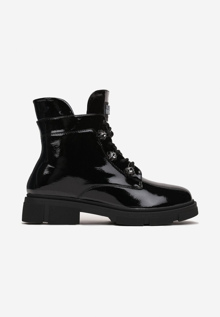 Czarne Płaskie Botki z Suwakiem i Sznurowaniem Ozdobione Cyrkoniami Veniwe