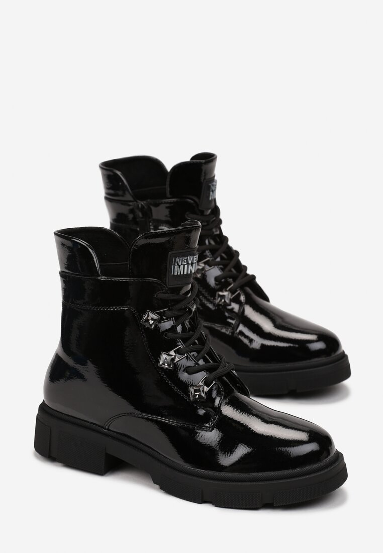 Czarne Płaskie Botki z Suwakiem i Sznurowaniem Ozdobione Cyrkoniami Veniwe