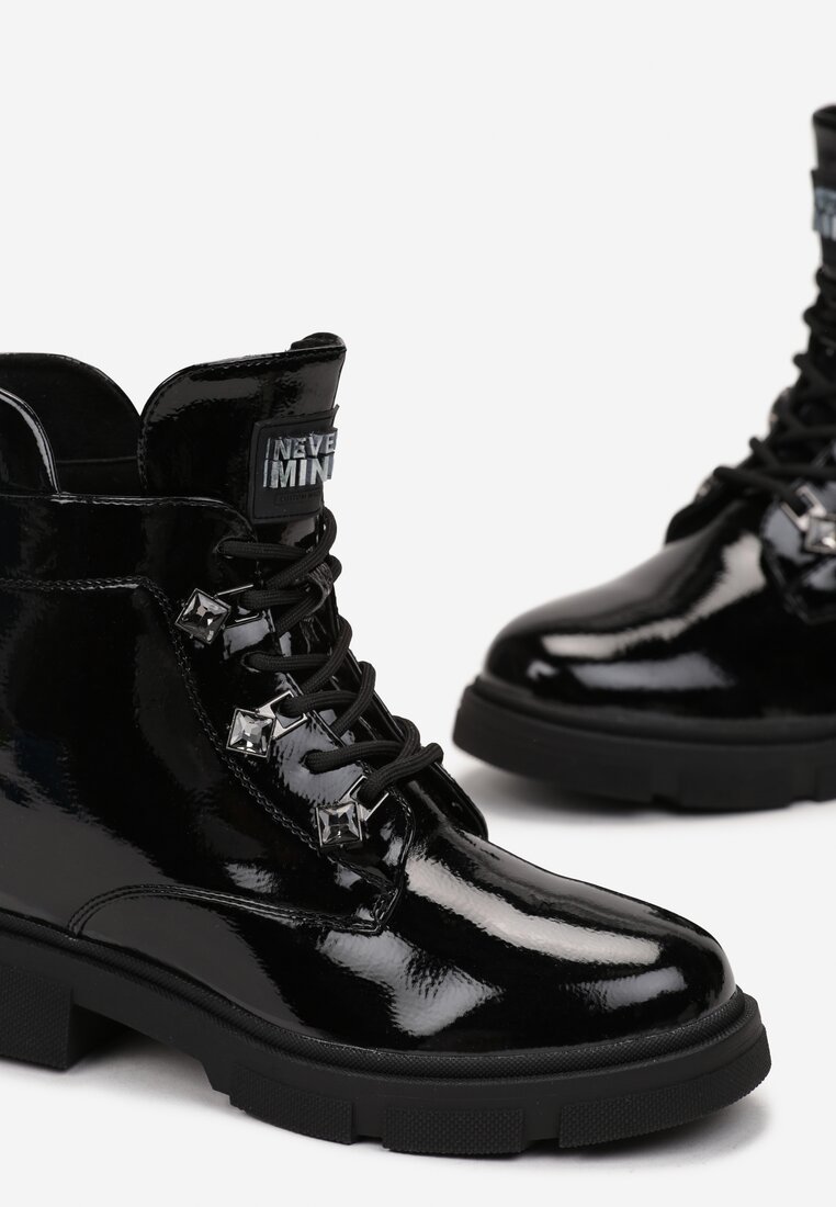 Czarne Płaskie Botki z Suwakiem i Sznurowaniem Ozdobione Cyrkoniami Veniwe