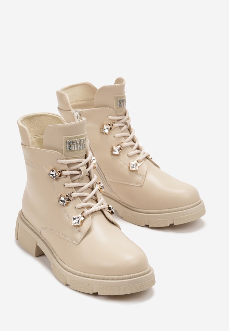 Beżowe Płaskie Botki z Suwakiem i Sznurowaniem Ozdobione Cyrkoniami Veniwe