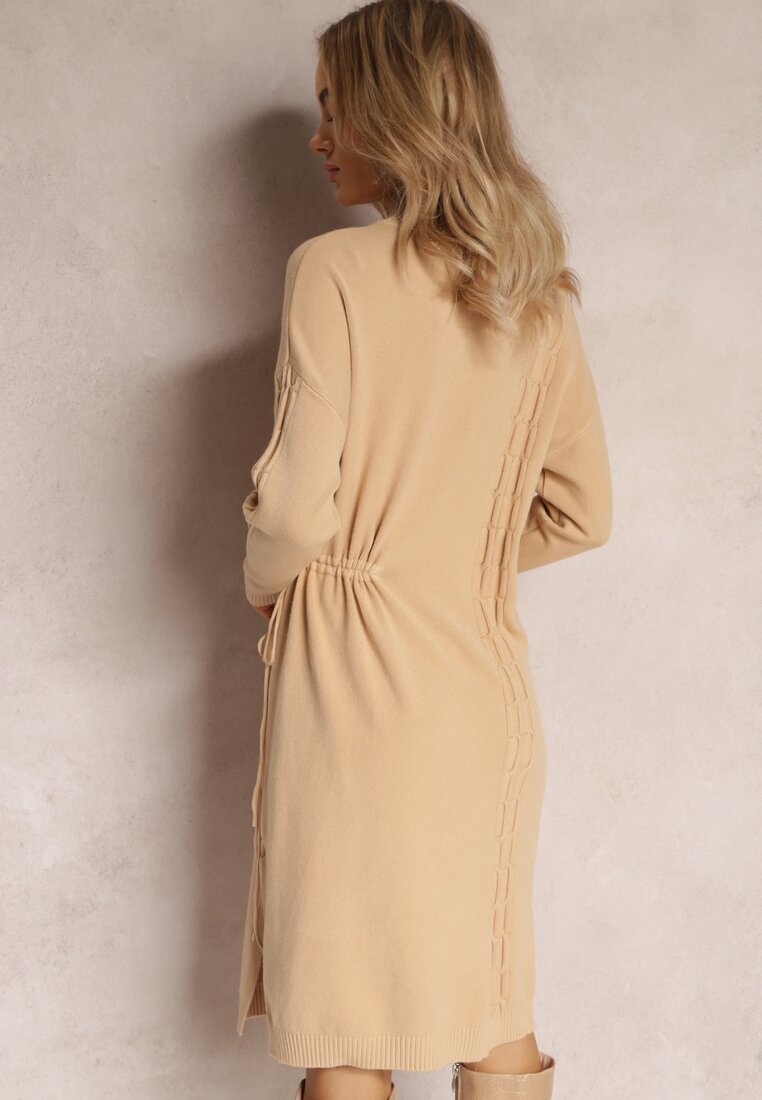 Rochie Bej Mini Tip Sacou cu Șnur în Talie și Mânecă Scurtă Agaira