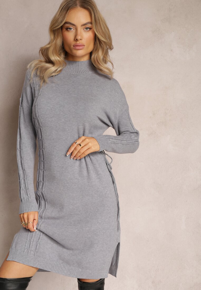 Rochie gri mini tip cutie cu șnur în talie și guler semigolf Agaira