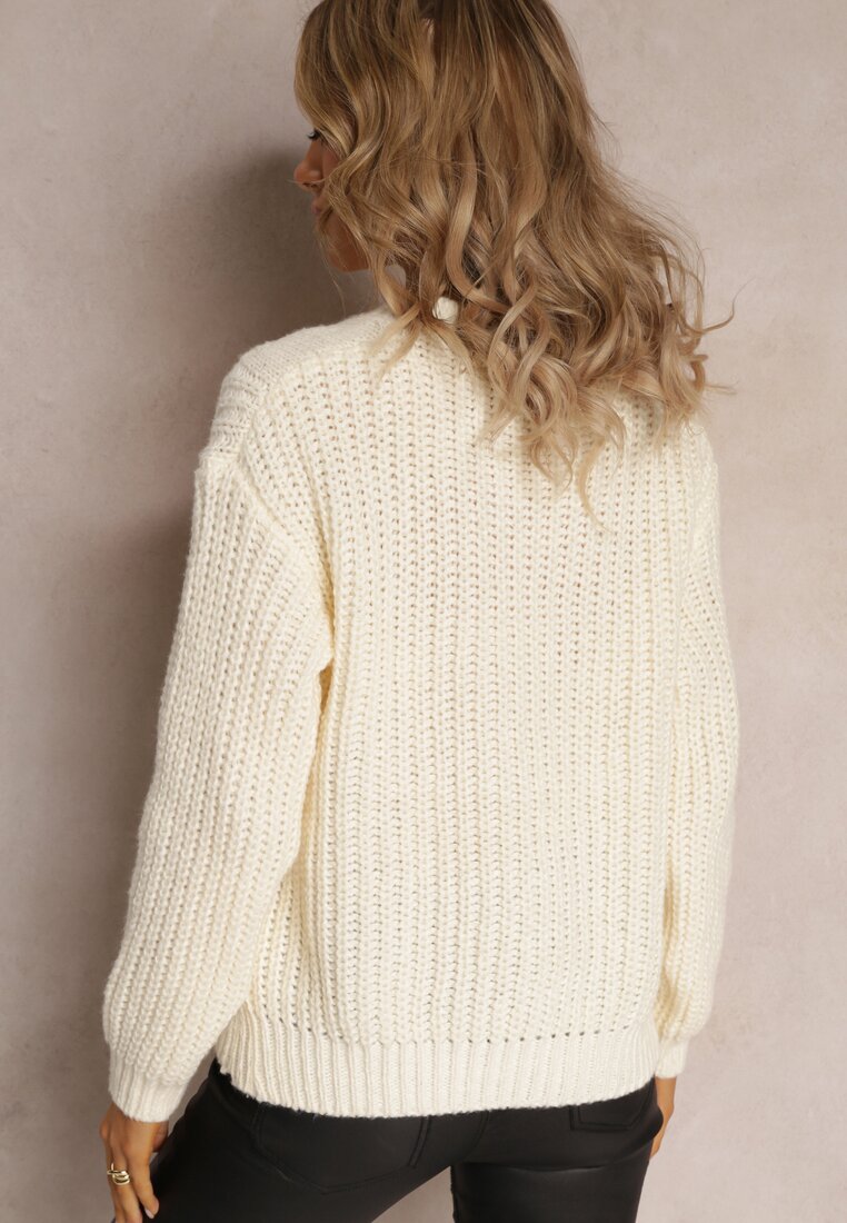 Jasnobeżowy Klasyczny Sweter z Modnym Splotem Wykończony Ściągaczami Viala