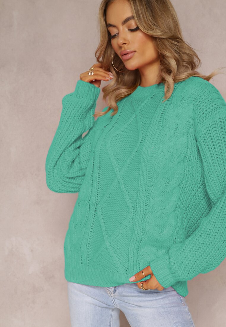 Zielony Klasyczny Sweter z Modnym Splotem Wykończony Ściągaczami Viala