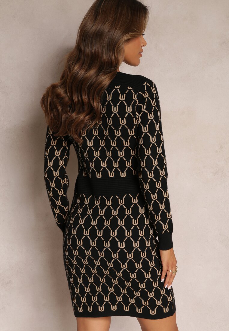 Rochie Mini Neagră-Bej din Tricot Cambrată cu Model Modern și Nasturi Vipasa