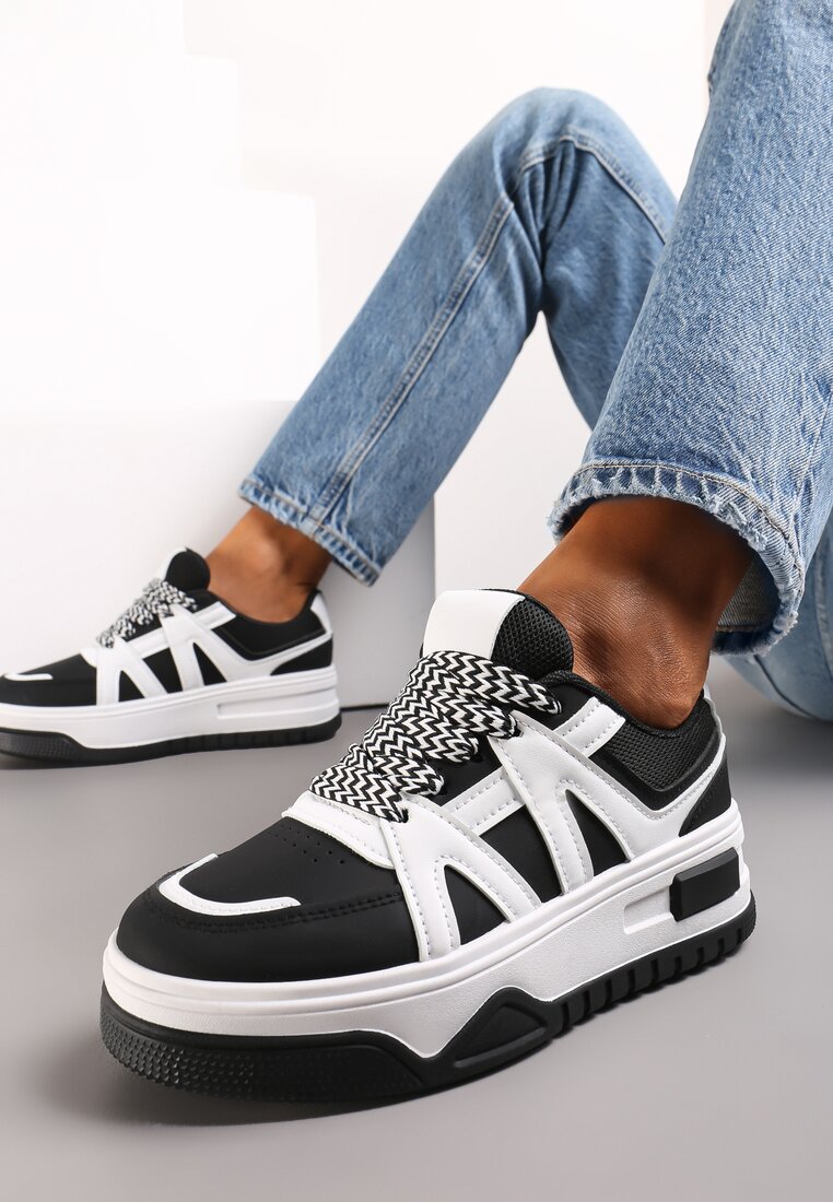 Biało-Czarne Sneakersy przed Kostkę na Platformie Inovel
