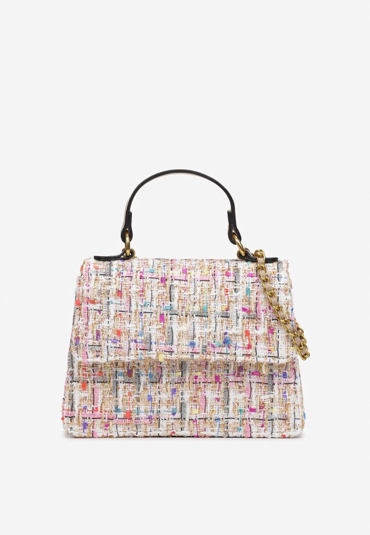 Geantă trapezoidală bej din tweed cu curea decorativă și fir strălucitor Duria