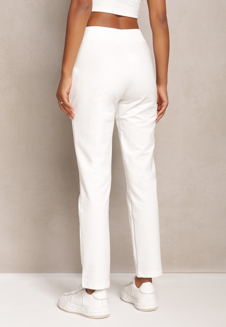 Pantaloni sport albi simpli cu bandă din satin în talie Alnureta