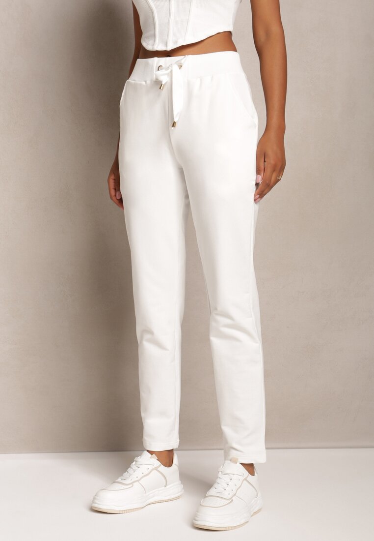Pantaloni sport albi simpli cu bandă din satin în talie Alnureta