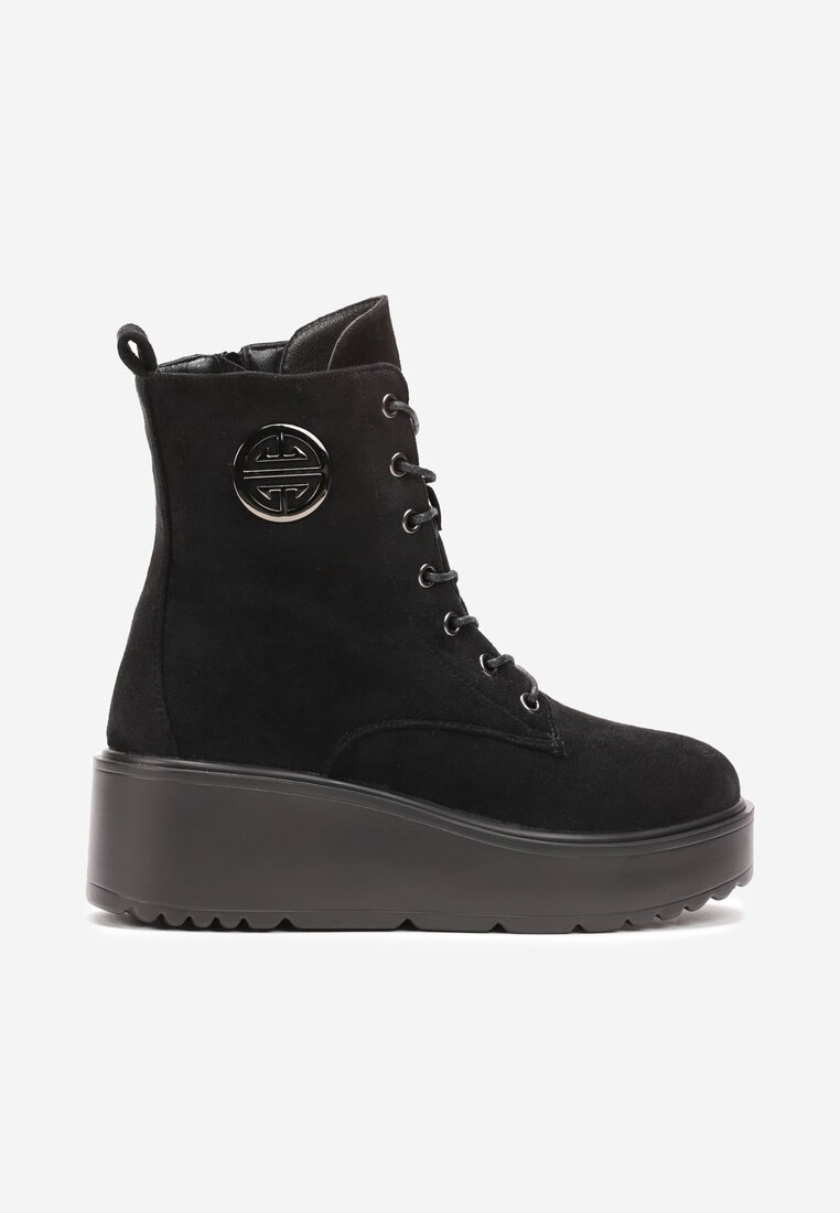 Botine Negre din Imitatie de Camosa pe Platforma Inalta Bicasa