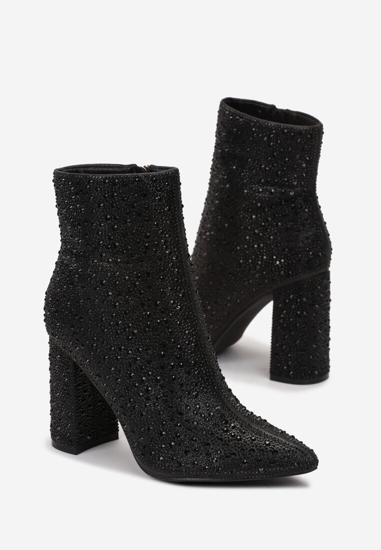 Botine Negre cu Fermoar cu Toc Până la Gleznă Decorate cu Pietre Strass Basiva