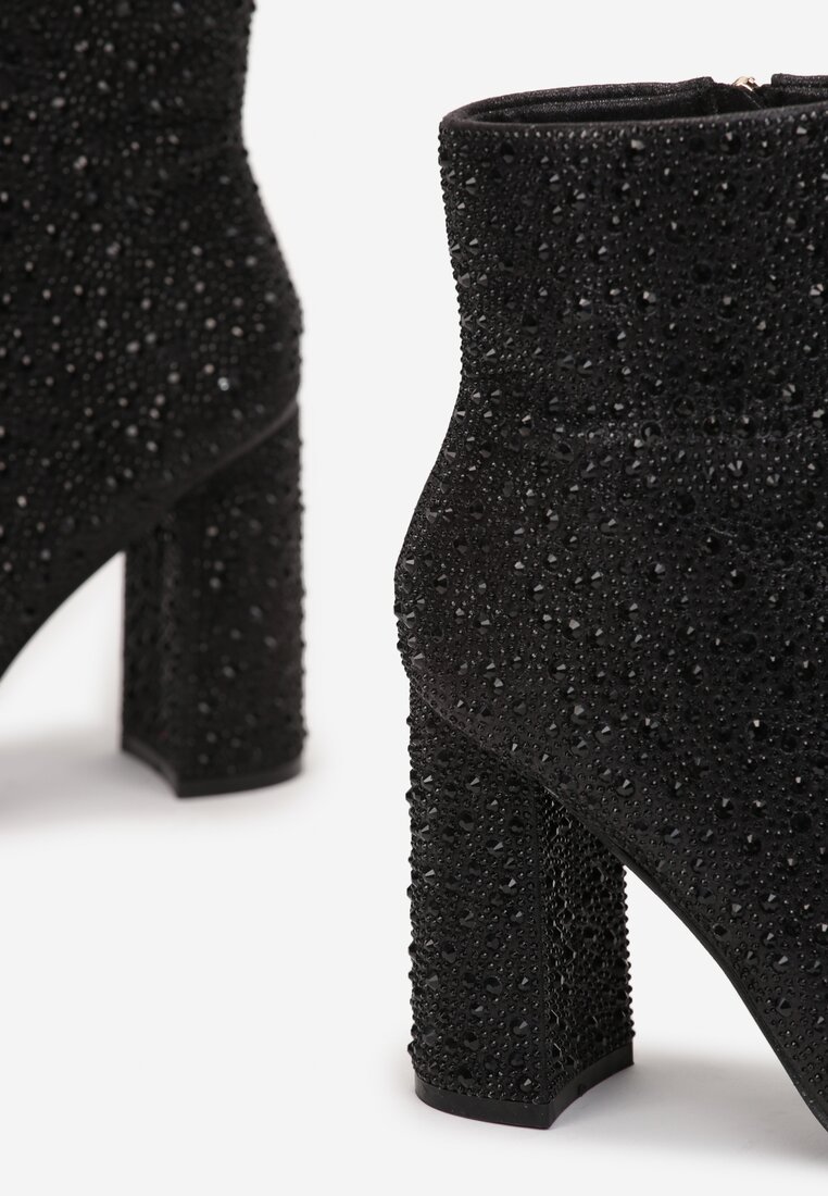 Botine Negre cu Fermoar cu Toc Până la Gleznă Decorate cu Pietre Strass Basiva