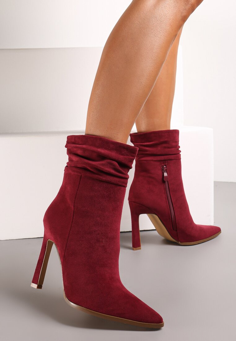 Bordowe Botki do Połowy Łydki na Cienkiej Szpilce z Marszczoną Cholewką Lianere