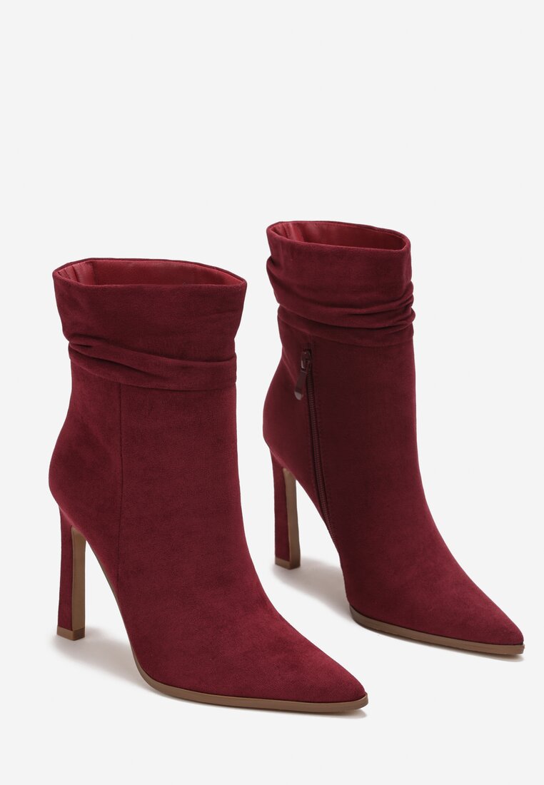 Bordowe Botki do Połowy Łydki na Cienkiej Szpilce z Marszczoną Cholewką Lianere