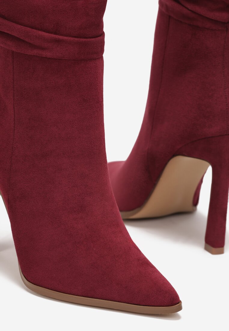 Bordowe Botki do Połowy Łydki na Cienkiej Szpilce z Marszczoną Cholewką Lianere