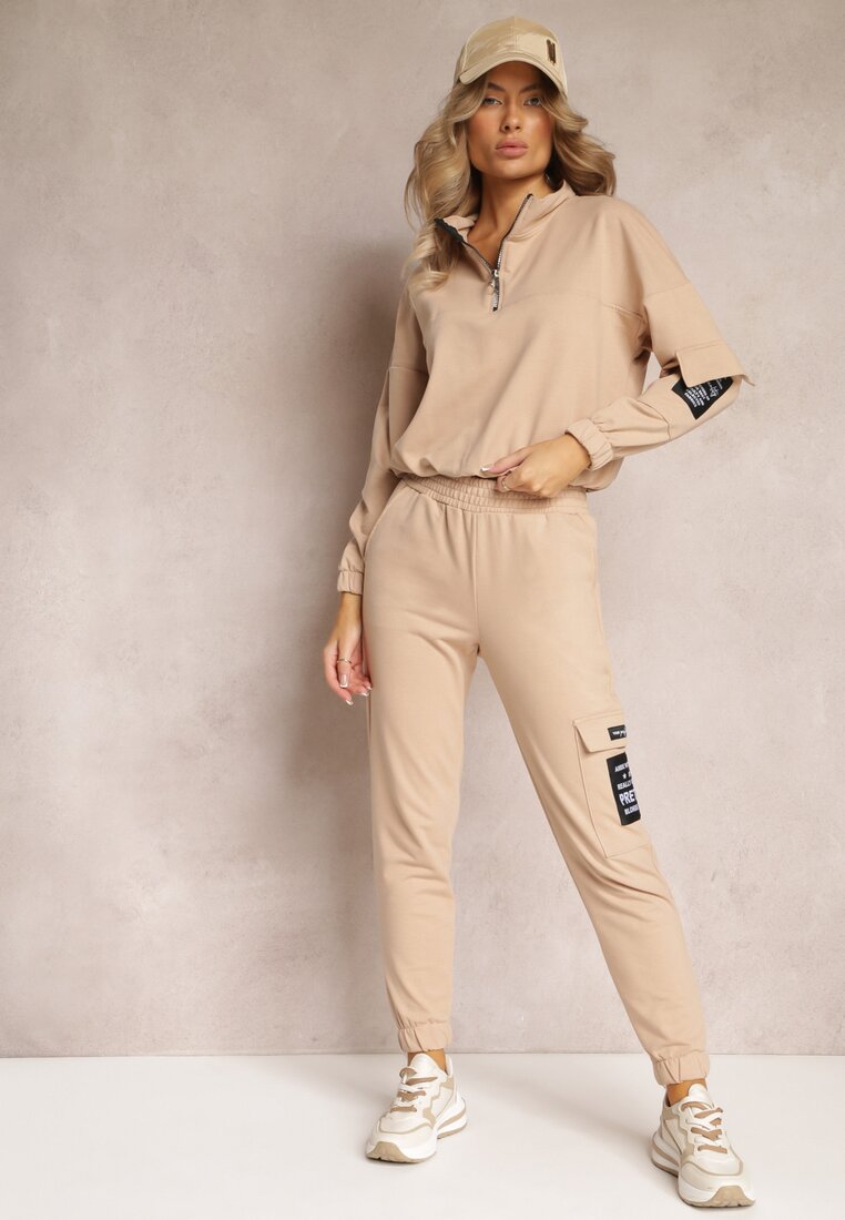 Bej Închis Compleu Trening Bumbac cu Pantaloni Cargo și Bluză Janifera