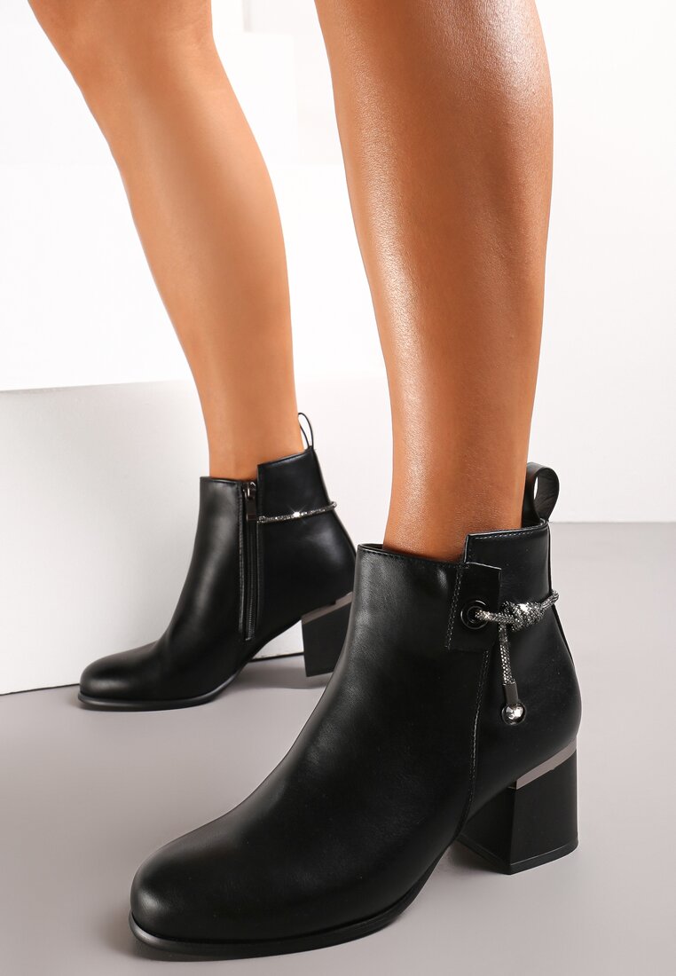 Botine Negre cu Curea cu Zirconiu pe Toc Scurt Esbika