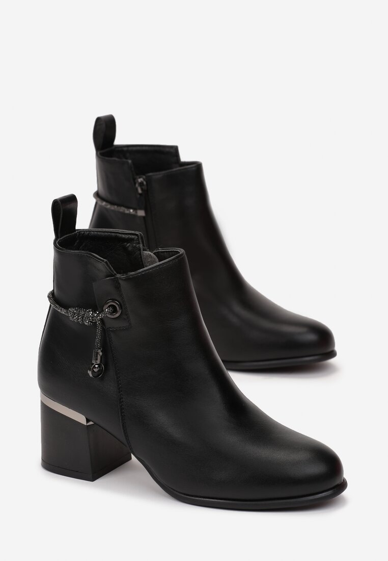 Botine Negre cu Curea cu Zirconiu pe Toc Scurt Esbika