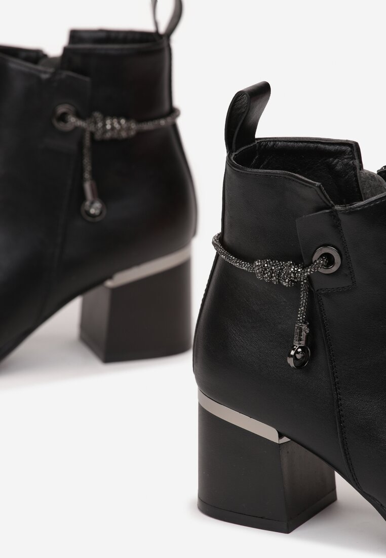 Botine Negre cu Curea cu Zirconiu pe Toc Scurt Esbika