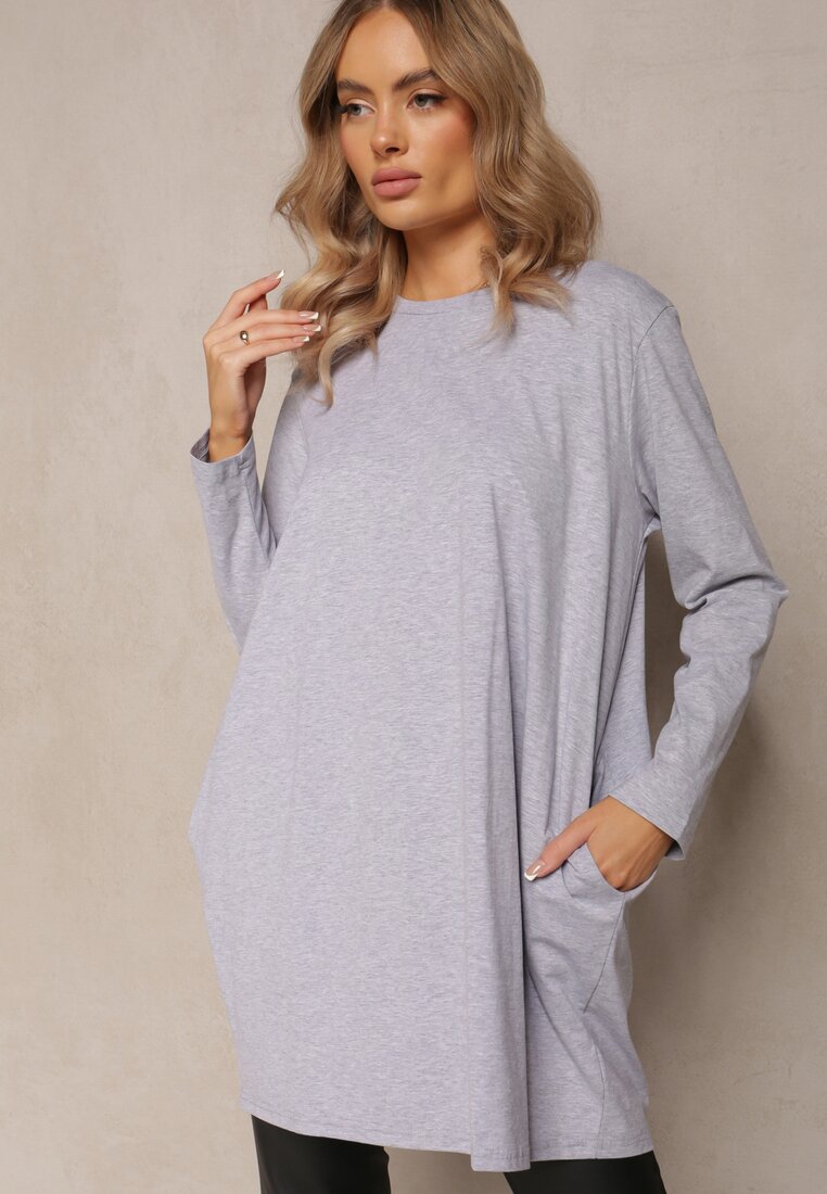 Bluză tunică oversize gri deschis cu mâneci lungi Sabrianna