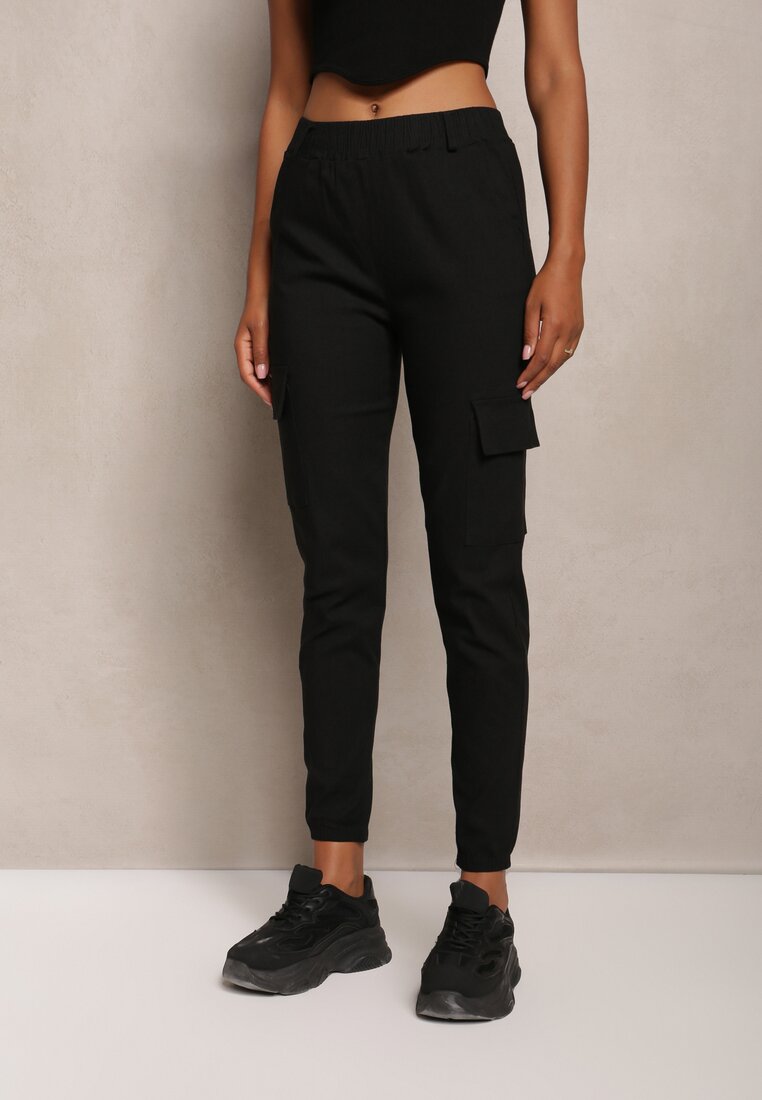 Pantaloni negri din bumbac cu elastic în talie Elan