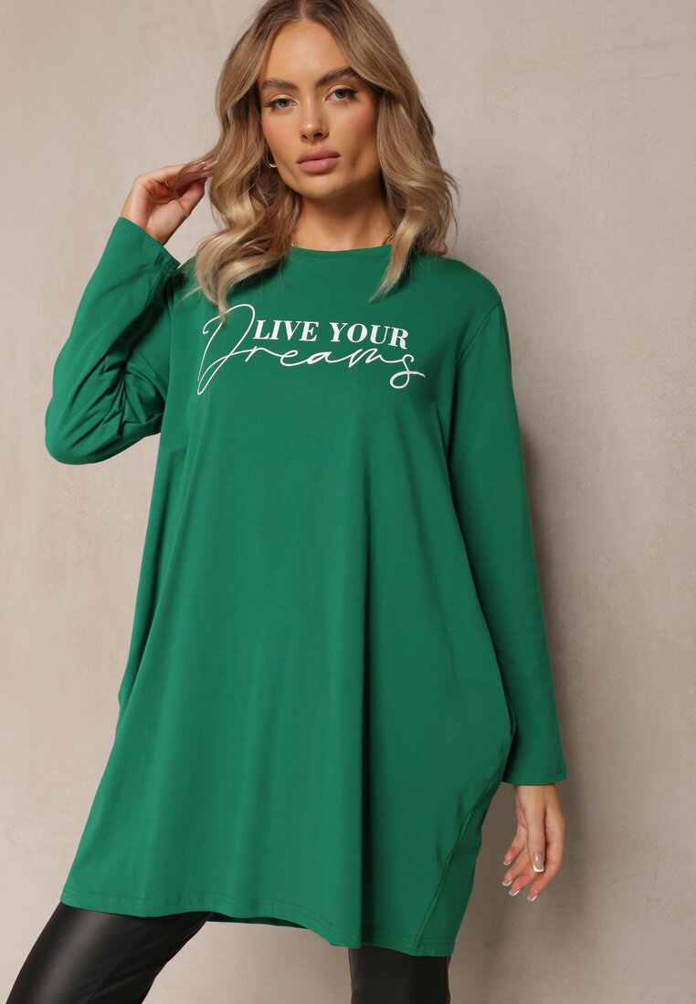 Zielona Bawełniana Bluzka Tunika z Nadrukowanym Napisem Lashaunta