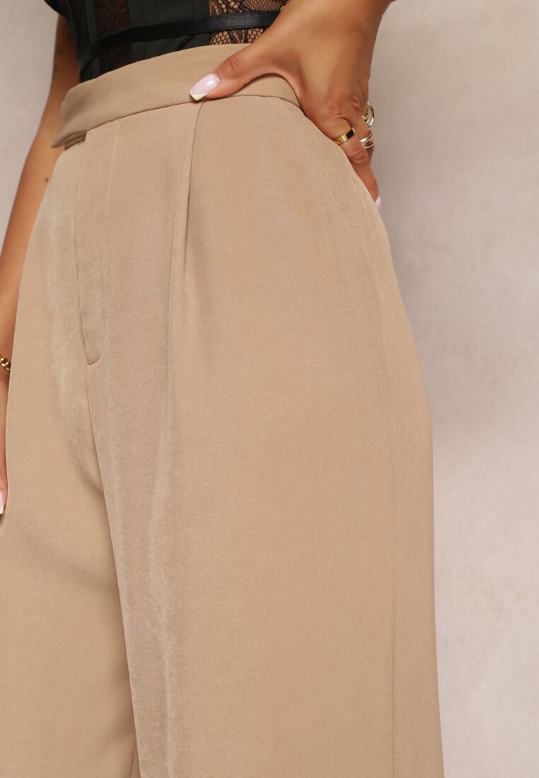 Ciemnobeżowe Szerokie Spodnie z Zapięciem na Haczyk Brutris