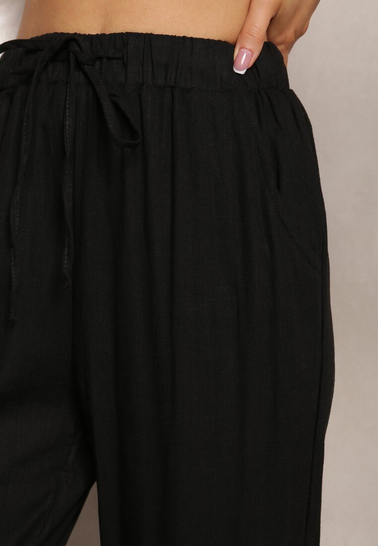 Czarne Proste Spodnie Bawełniane z Gumką w Pasie Xisela