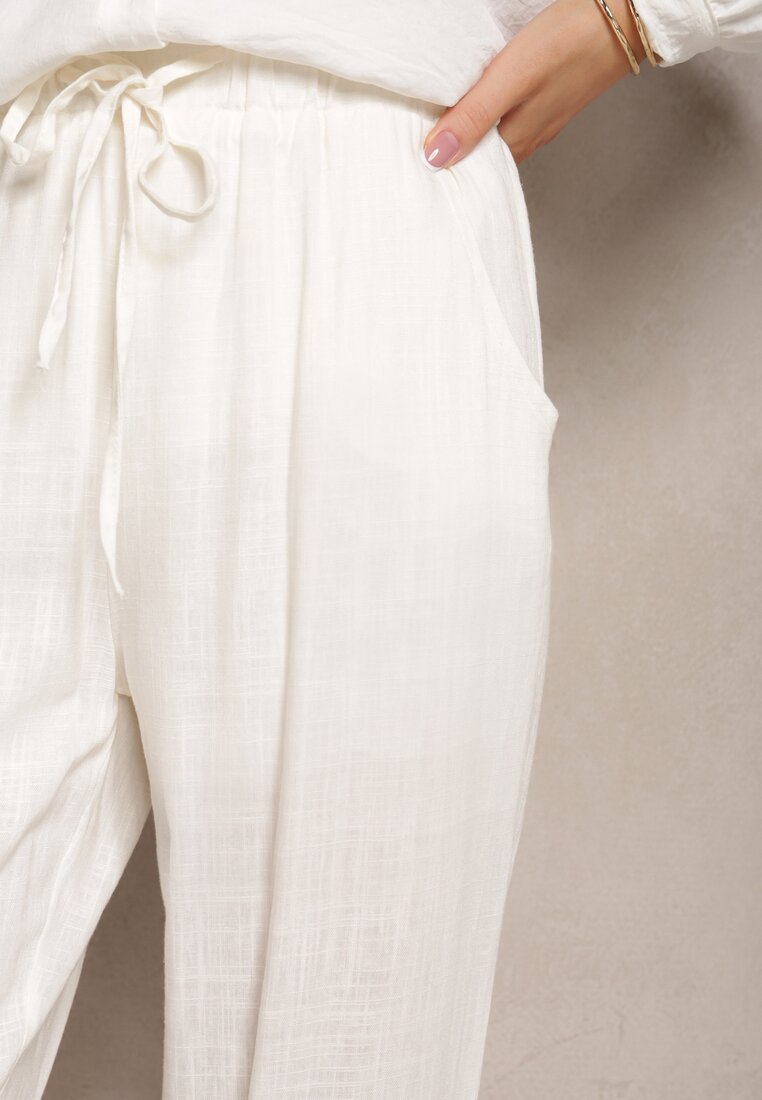 Białe Proste Spodnie Bawełniane z Gumką w Pasie Xisela