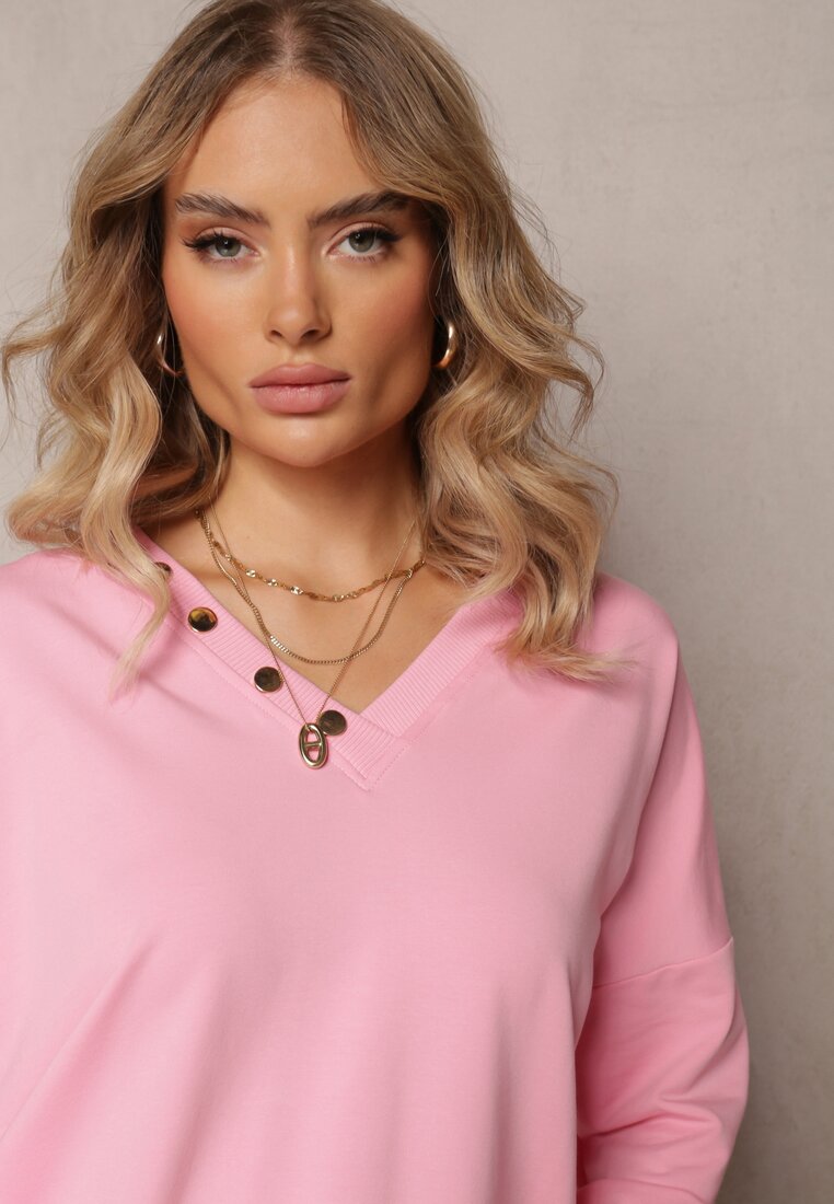 Różowa Bawełniana Bluza z Napami przy Dekolcie Nichelle