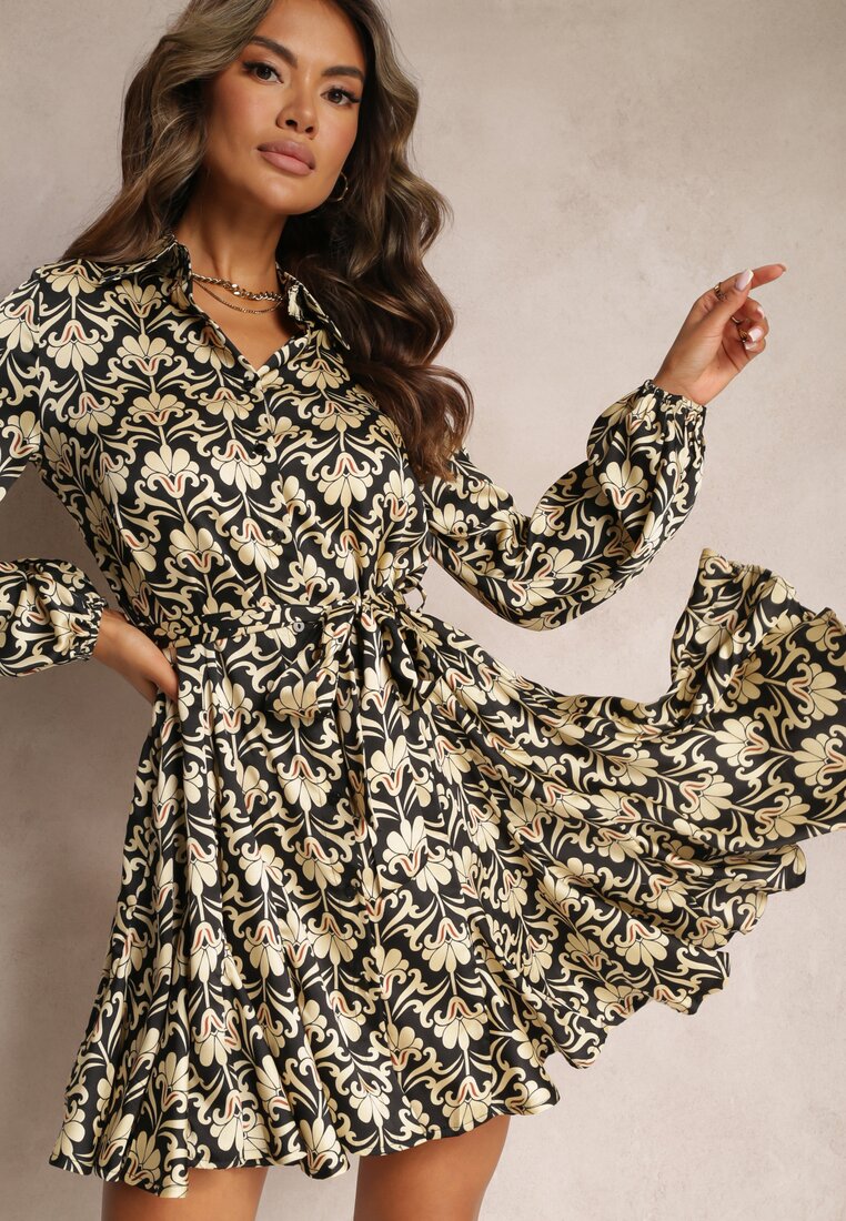 Rochie Cămașă Mini Cloș cu Curea și Nasturi Winelda Neagră