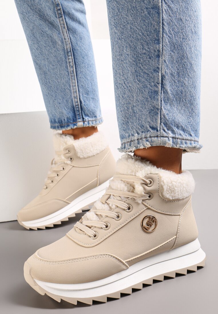 Beżowe Zimowe Sneakersy ze Sztucznym Futerkiem Turelia